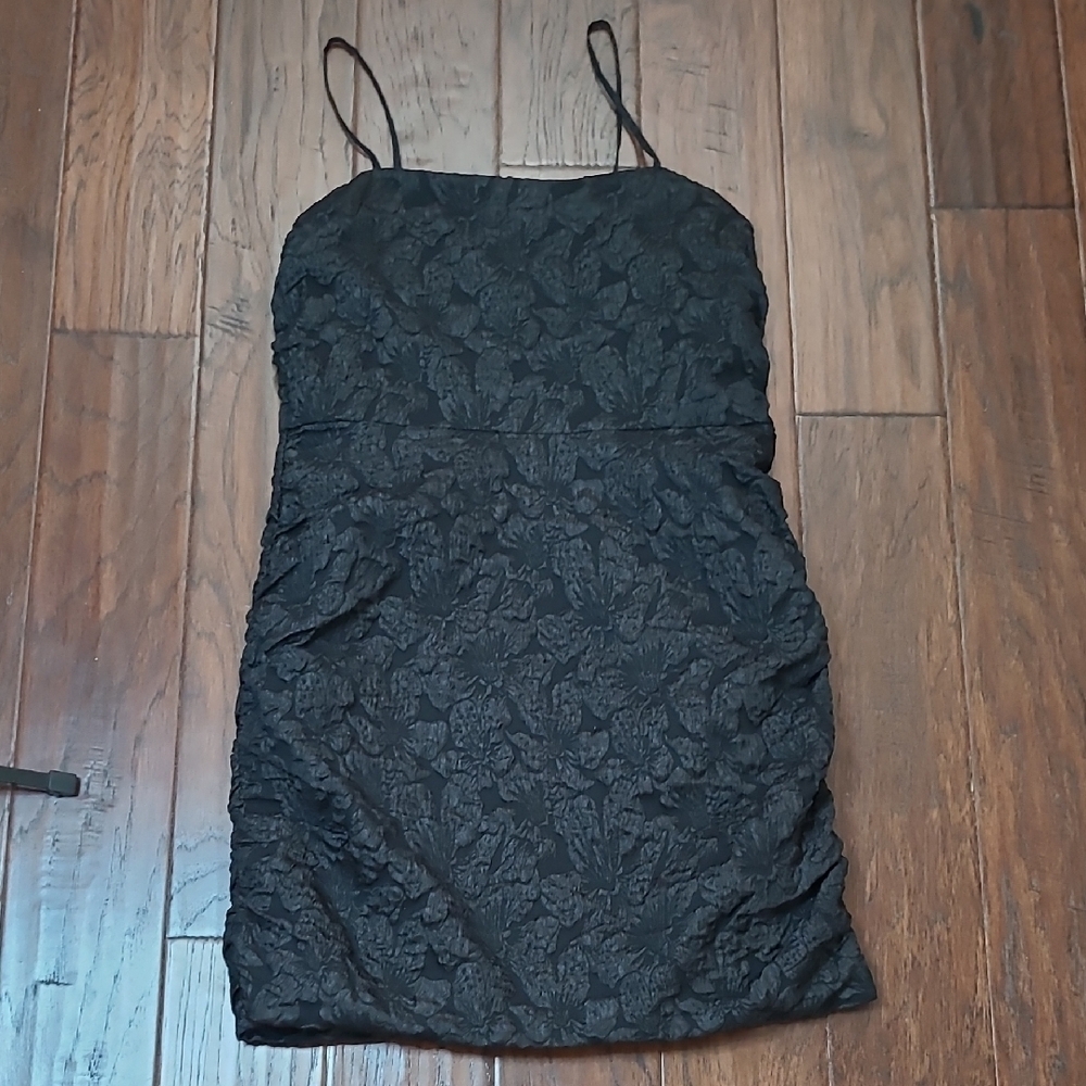 NWT THML Sleeveless Black Textured Mini Dress with Spaghetti Straps size Large